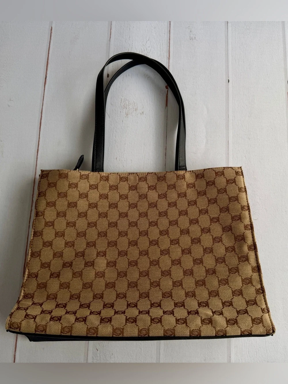 Bebe Los Angeles Monogram Logo Tote Bag Beige Black Large